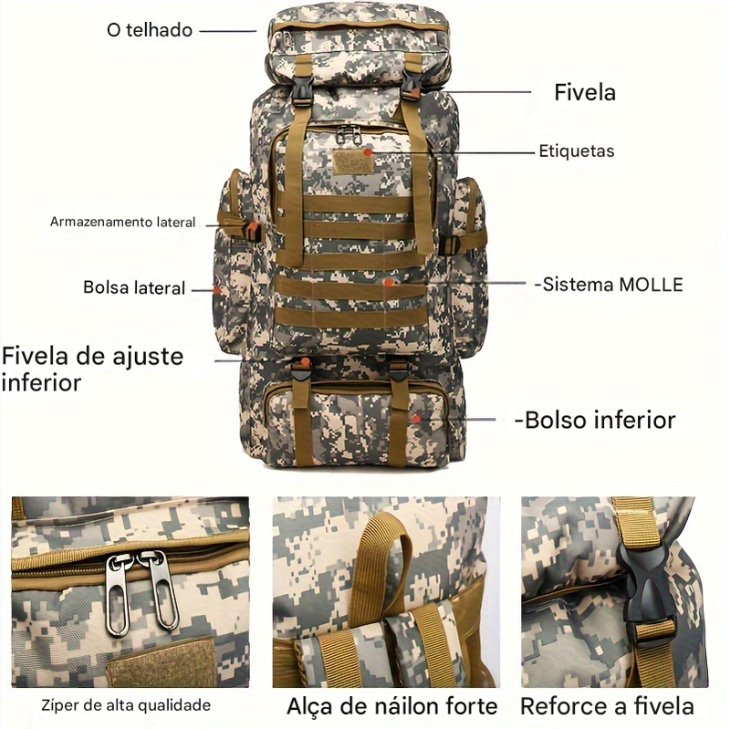 Mochila Tática JUMAHE – Grande Capacidade, Estilo Desportivo, com Alças Ajustáveis